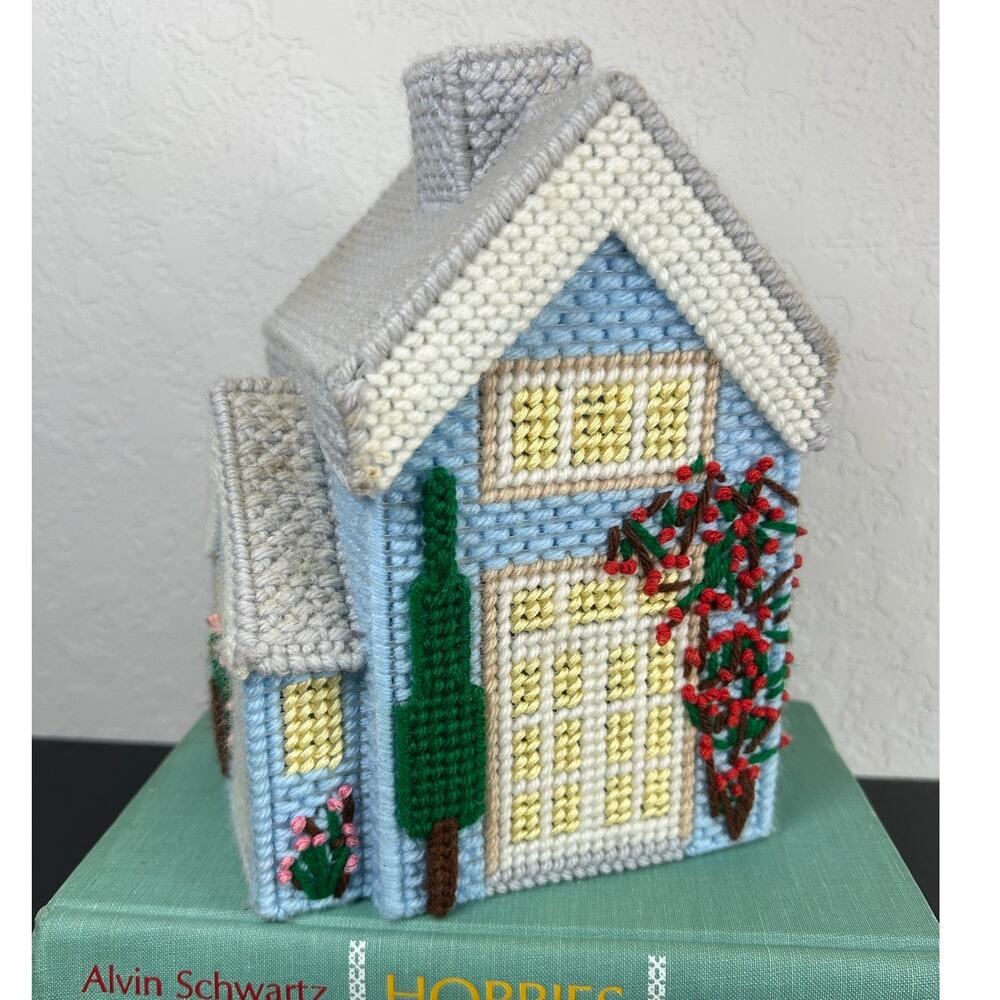 Vintage- Plastic Canvas Yarn Tissue Box Cover-House with Chimney 9x5.5x5.5"